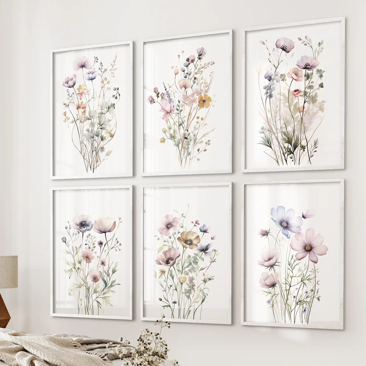 Botanical Watercolor 6 Piece Art Set. Meadow Flowers Prints for Bedroom