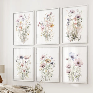 Botanical Watercolor 6 Piece Art Set. Meadow Flowers Prints for Bedroom