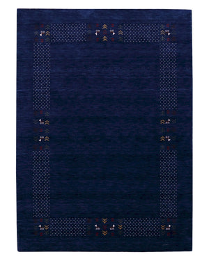 Solid Blue Border Patterns Hand Loomed Wool Area Rug