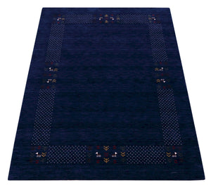 Solid Blue Border Patterns Hand Loomed Wool Area Rug