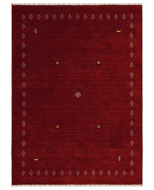 Solid Plain Maroon Geometrical Design Hand loom 4.6x7 wool area Rug