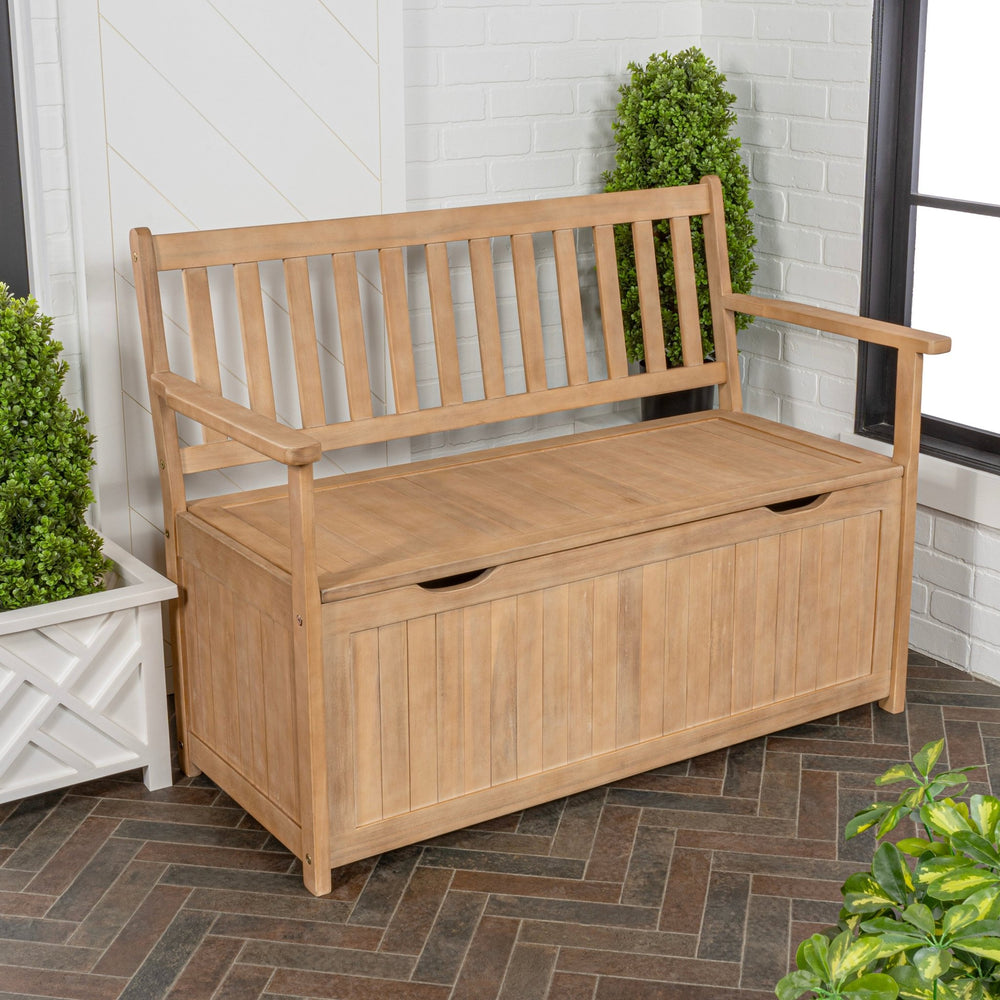 Sophie traditional farmhouse lift - top acacia wood storage & entry bench - Tuesday Morning - Outdoor Storage Boxes