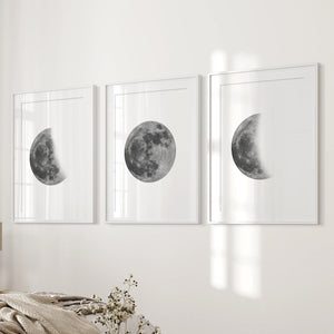 Moon Phases Set of 3 Prints. Black and White Lunar Cycle