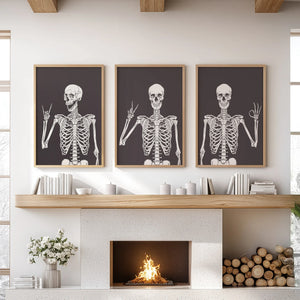 Halloween Skeleton Wall Art Set. 3 Piece Black Gothic Prints