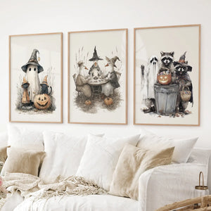 Halloween Set of 3 Wall Art. Ghost, Witch, Animals, Pumpkins