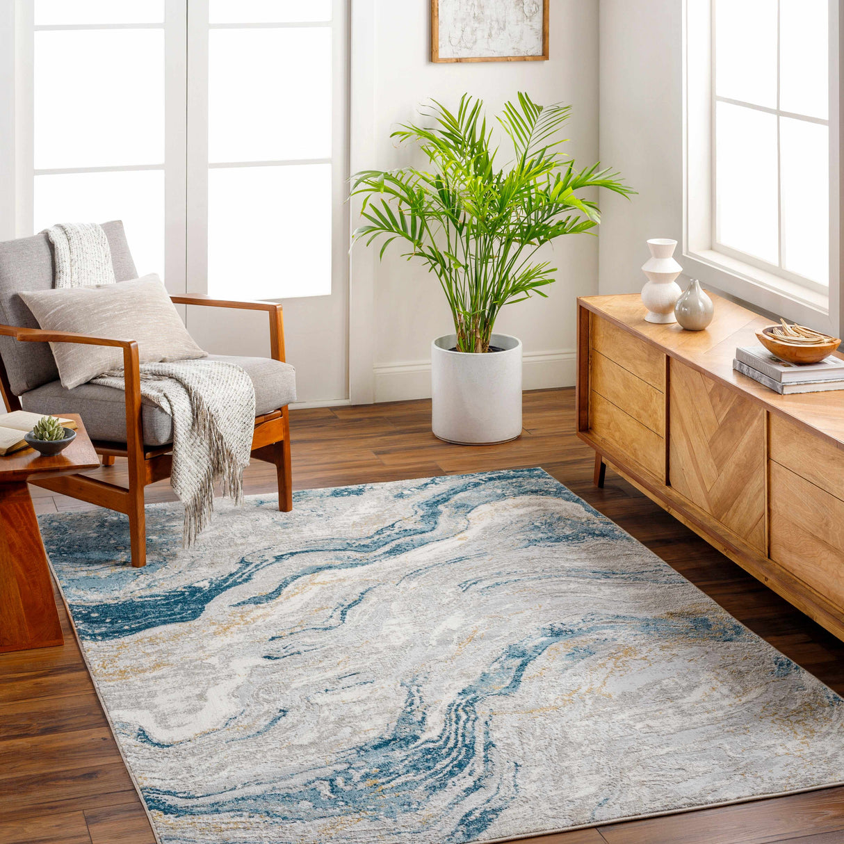 Tess Silver Blue Marble Area Rug
