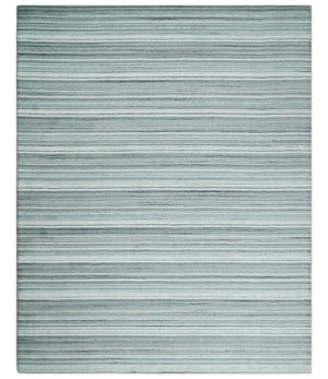 Striped Flatwoven 8x10 White And Silver Hand Made Blended Wool Area Rug