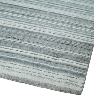 Striped Flatwoven 8x10 White And Silver Hand Made Blended Wool Area Rug