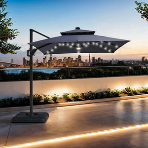 Xico - 8 Ft Square Umbrella w/ Double Top w/ LED Light + 37" Large Base