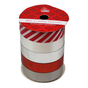 3/4 Inch Curling Ribbon - 5 Colors - 8 Feet Each - Grey/Red/Silver/White/Red Stripe