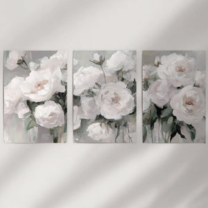 Romantic White Flower 3 Piece Wall Art. Peony Painting Print
