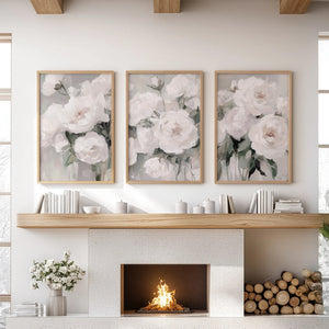 Romantic White Flower 3 Piece Wall Art. Peony Painting Print