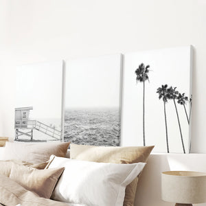 Black White Coastal Wall Art Set: Palms, Ocean, Lifeguard