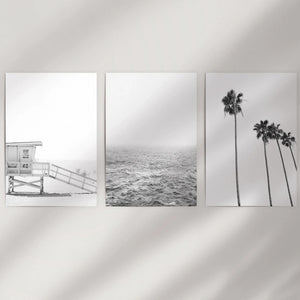 Black White Coastal Wall Art Set: Palms, Ocean, Lifeguard