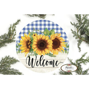 Sunflower Welcome Blue Plaid Round Sign