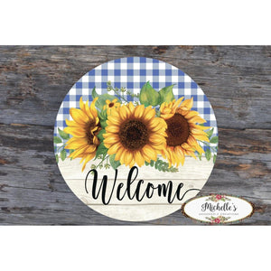 Sunflower Welcome Blue Plaid Round Sign