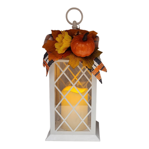 Harvest Lantern with Flickering LED Candle - White
