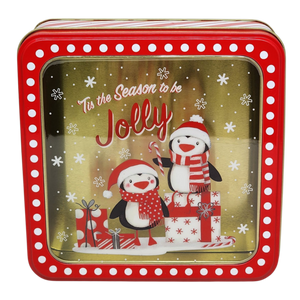 Square Cookie Tin with Window - Tis the Season to be Jolly Penguins