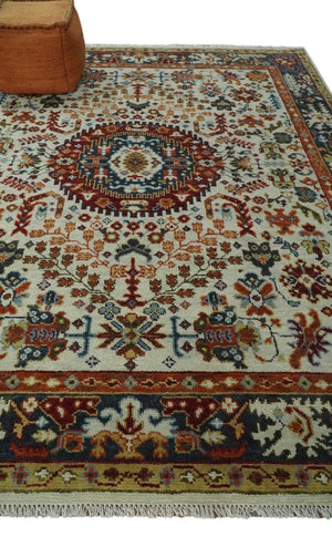 Tabriz Antique Hand Knotted Traditional Ivory and Rust Multi Size Wool Rug