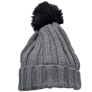 Knit Hat With Three Interchangeable Poms - Grey