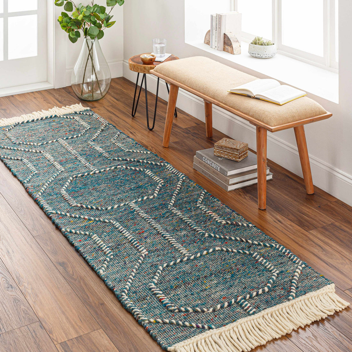 Dark Blue Takaungu Wool Blend Braided Tassel Area Rug - Clearance