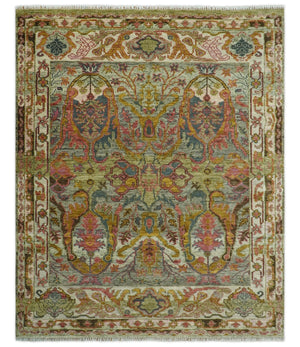 Transitional Green, Pink, Silver and Gold Hand Knotted Custom Made wool area rug