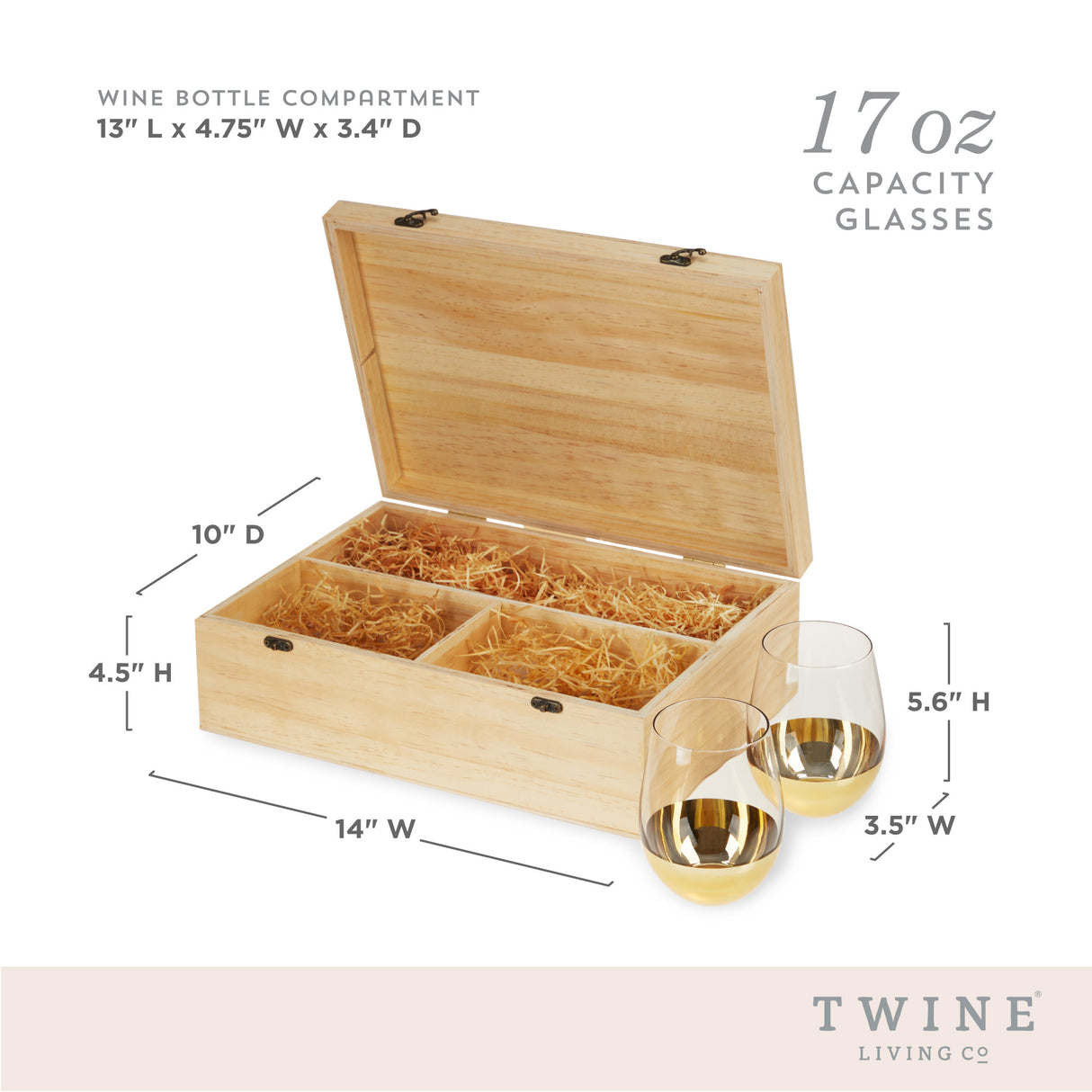 Wood wine box with set of 2 stemless glasses by twine living