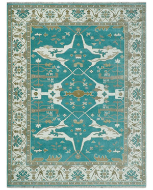 Teal and Ivory Hand knotted Oriental Oushak 9x12 wool Area Rug