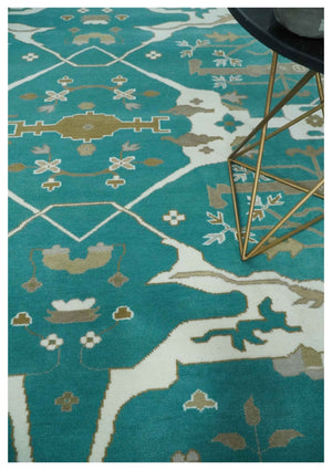 Teal and Ivory Hand knotted Oriental Oushak 9x12 wool Area Rug
