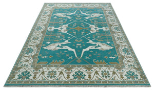 Teal and Ivory Hand knotted Oriental Oushak 9x12 wool Area Rug