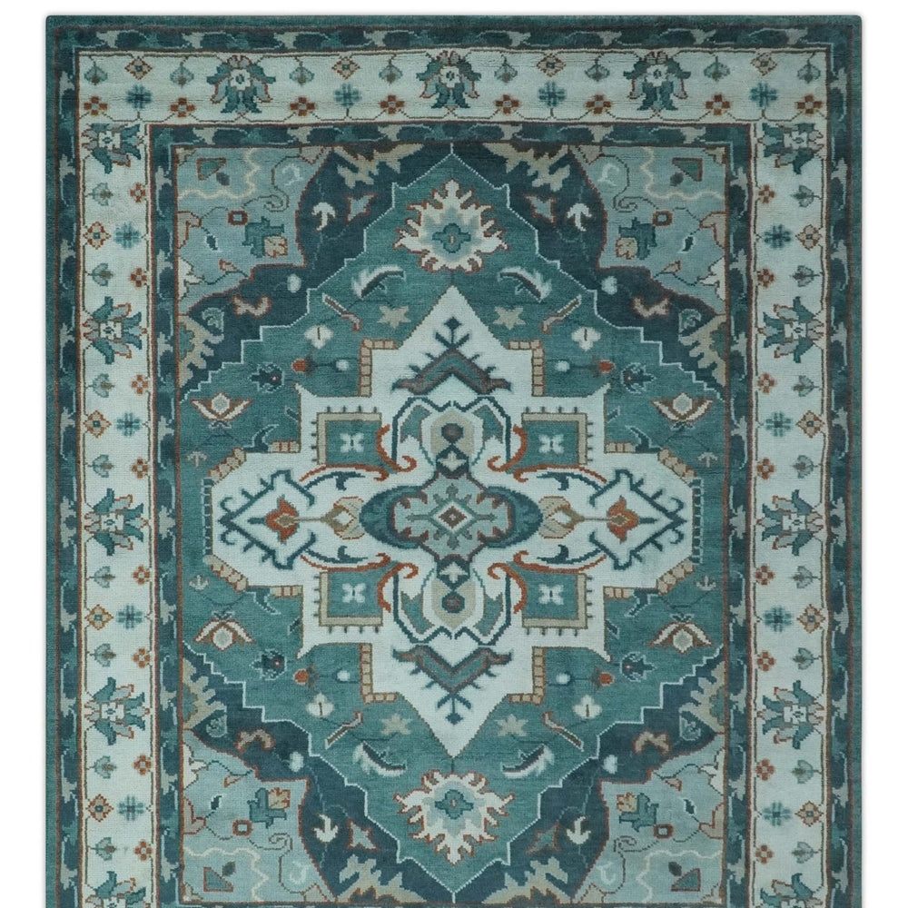 Teal and Silver Traditional Heriz Floral Hand Knotted Multi Size wool Area Rug