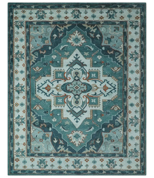 Teal and Silver Traditional Heriz Floral Hand Knotted Multi Size wool Area Rug