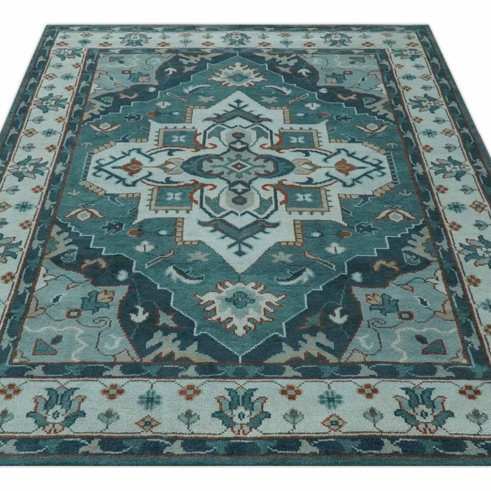 Teal and Silver Traditional Heriz Floral Hand Knotted Multi Size wool Area Rug