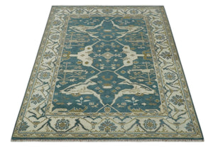 Teal, Ivory and Olive 6x9 Hand Knotted Oriental Oushak wool area rug