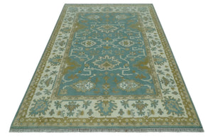 Teal, Ivory and Olive Hand Knotted 6x9 Traditional Oriental Oushak wool rug