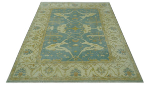 Teal, Olive and Beige Hand Knotted 8x10 Traditional Oriental Oushak wool area rug