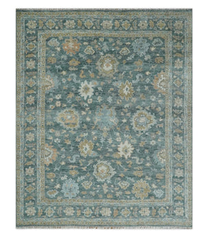 Teal, Olive and Silver Antique Style Hand knotted 8x10 Oushak wool Area Rug