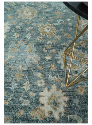 Teal, Olive and Silver Antique Style Hand knotted 8x10 Oushak wool Area Rug
