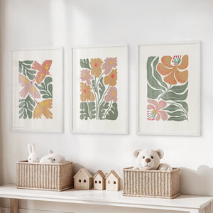 Abstract Botanical Set of 3 Prints. Retro Flower Gallery Art