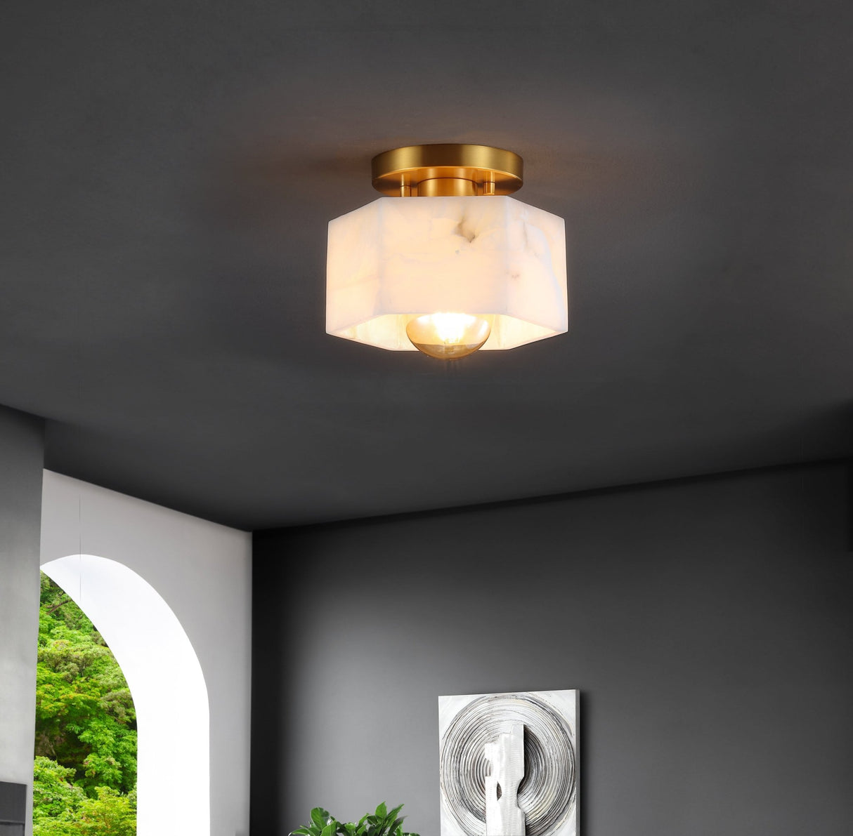Tessa 1 - light modern contemporary alabaster/iron hexagonal led semi flush mount - Tuesday Morning - Flush Mounts