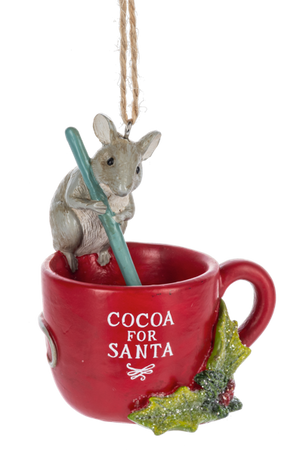 Holiday Mouse With Mug Ornament - Cocoa For Santa