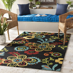 Thaxton Colorful Flowers on Black Area Rug - Clearance