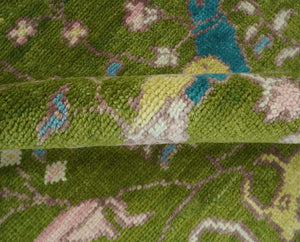 The Green Jungle Life Teal and Peach Peacock Bird Hand Knotted Custom Made Wool Area Rug