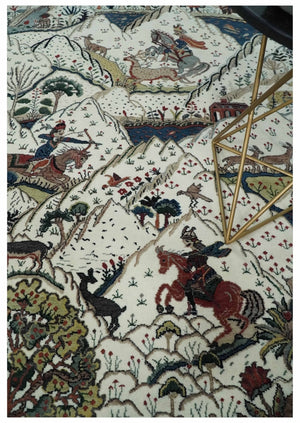 The Jungle Life Hunter and the King Animal Tree Rug Hand Knotted Ivory and Olive Wool