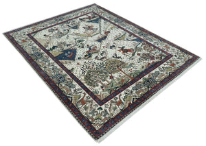 The Jungle Life Hunter and the King Animal Tree Rug Hand Knotted Ivory and Olive Wool