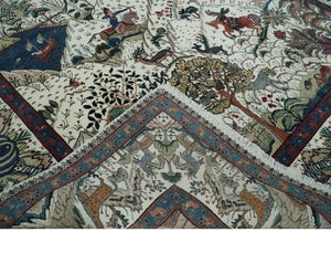 The Jungle Life Hunter and the King Animal Tree Rug Hand Knotted Ivory and Olive Wool