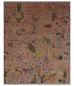 The Jungle Life Peacock on tree Rug Hand Knotted 8x10 Peach Wool Rug