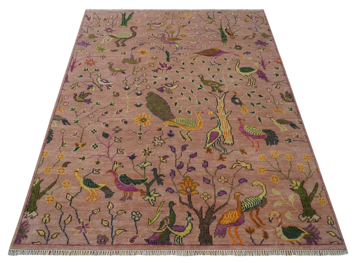The Jungle Life Peacock on tree Rug Hand Knotted 8x10 Peach Wool Rug