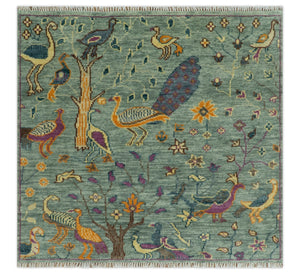 The Jungle Life Peacock on tree Rug Hand Knotted Multi Size Green Wool Rug