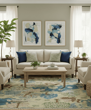 The Jungle Pond Custom Made Blue And Beige Hand Knotted Wool Area Rug